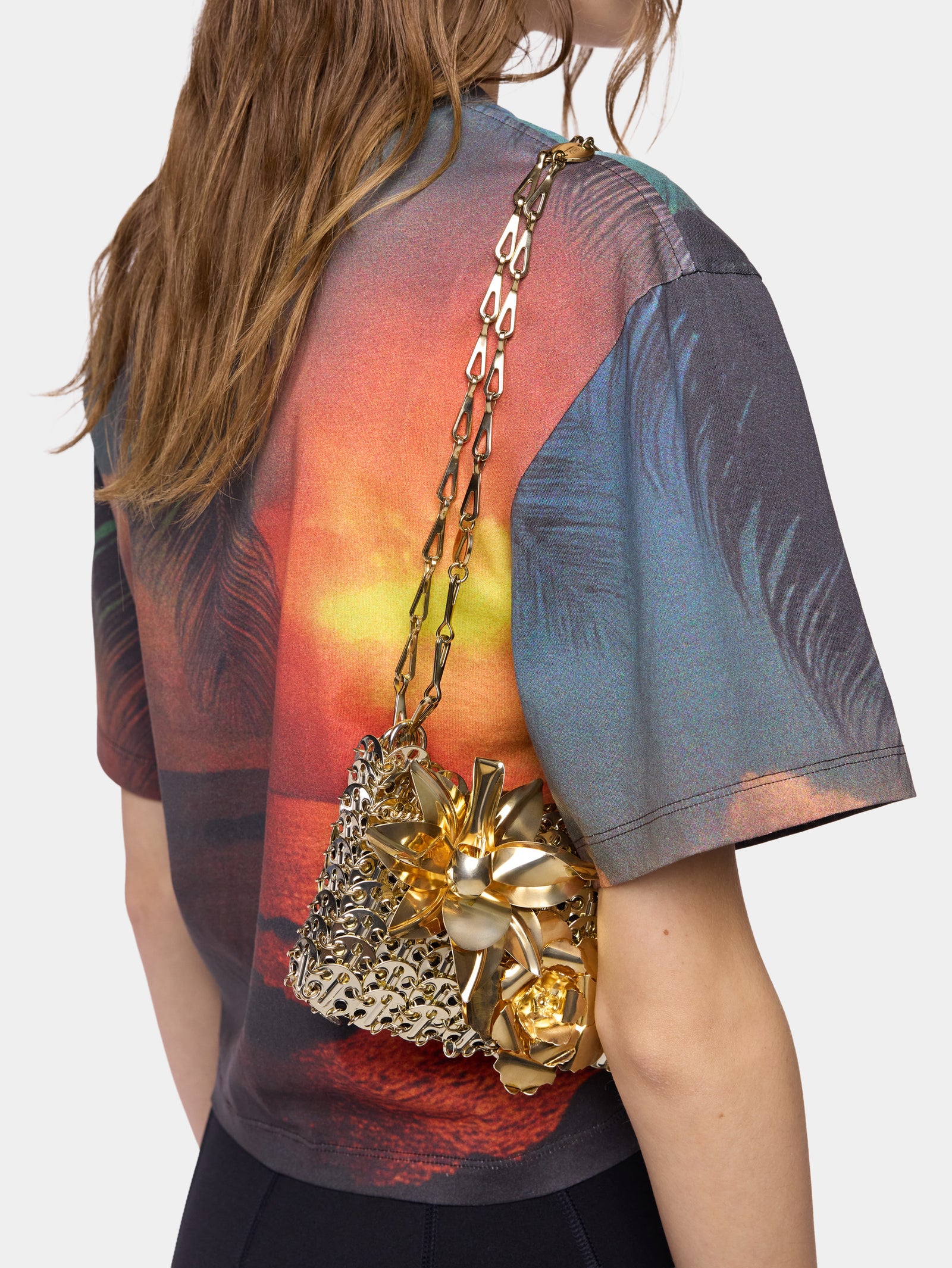 3969 Nano gold bag with metal ton on ton flower detail packshot front view - Image 3