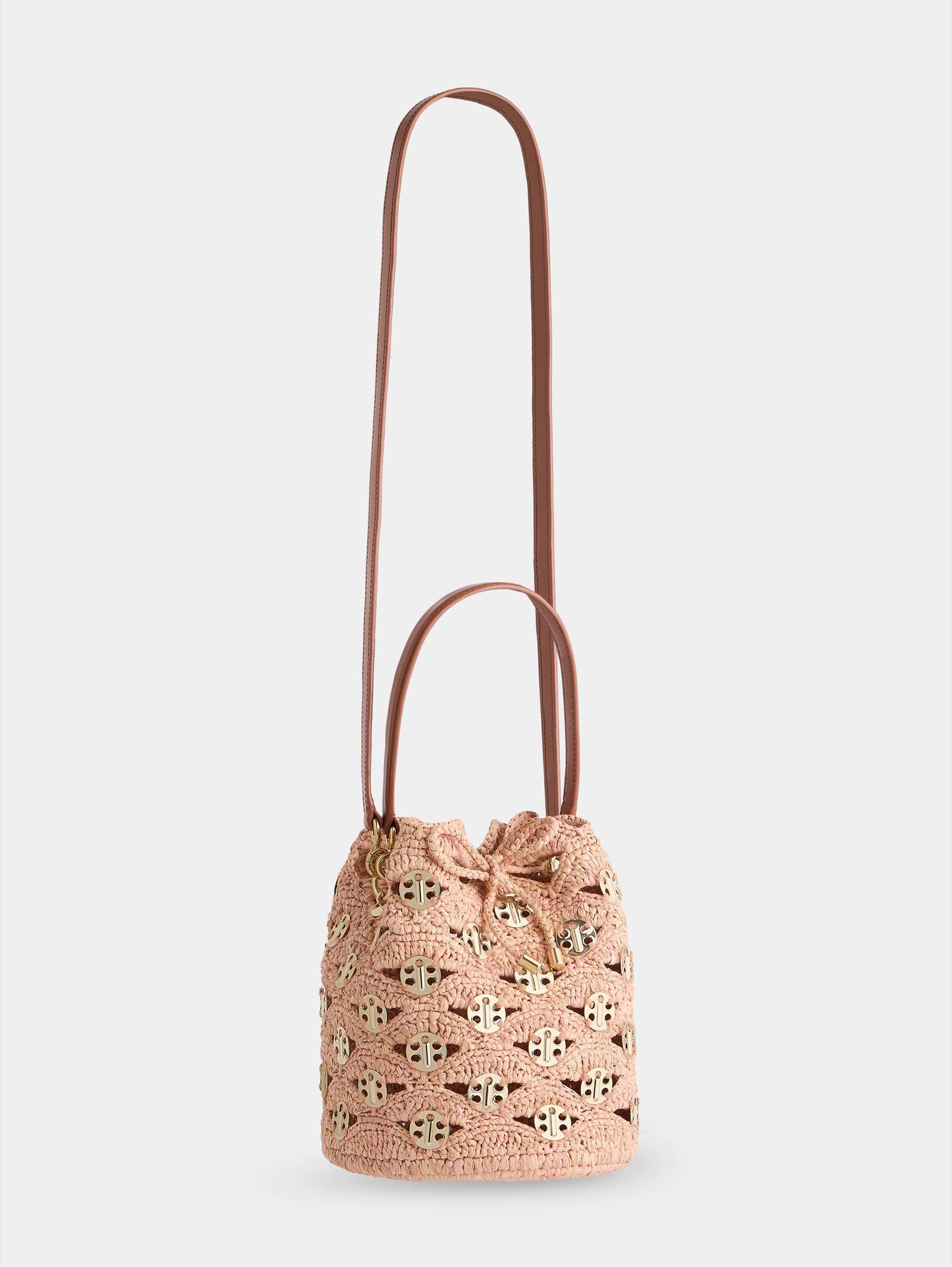 Medium bucket bag in natural raphia and peach with gold signature969 discs packshot side view 4
