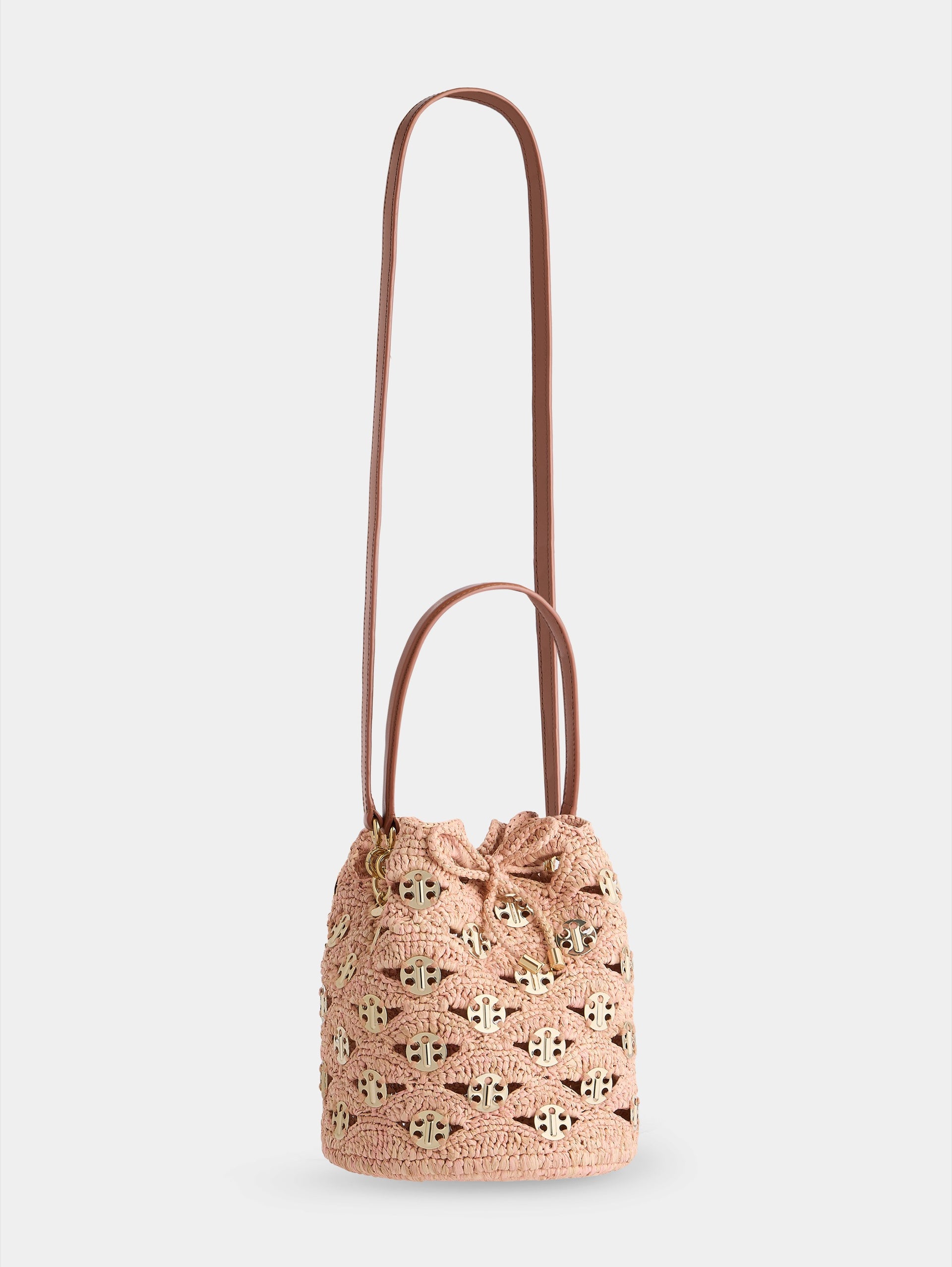 Medium bucket bag in natural raphia and peach with gold signature969 discs packshot side view 4