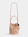 Medium bucket bag in natural raphia and peach with gold signature 1969 discs
