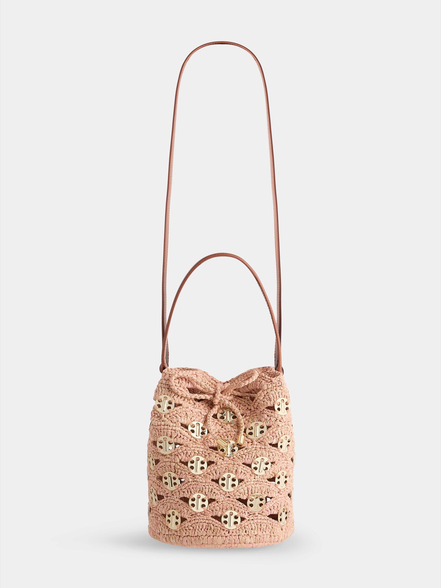 Medium bucket bag in natural raphia and peach with gold signature969 discs packshot side view 1