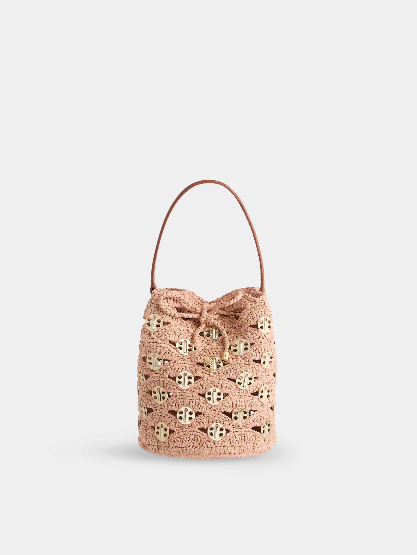 Medium bucket bag in natural raphia and peach with gold signature969 discs packshot side view 3 - Image 1