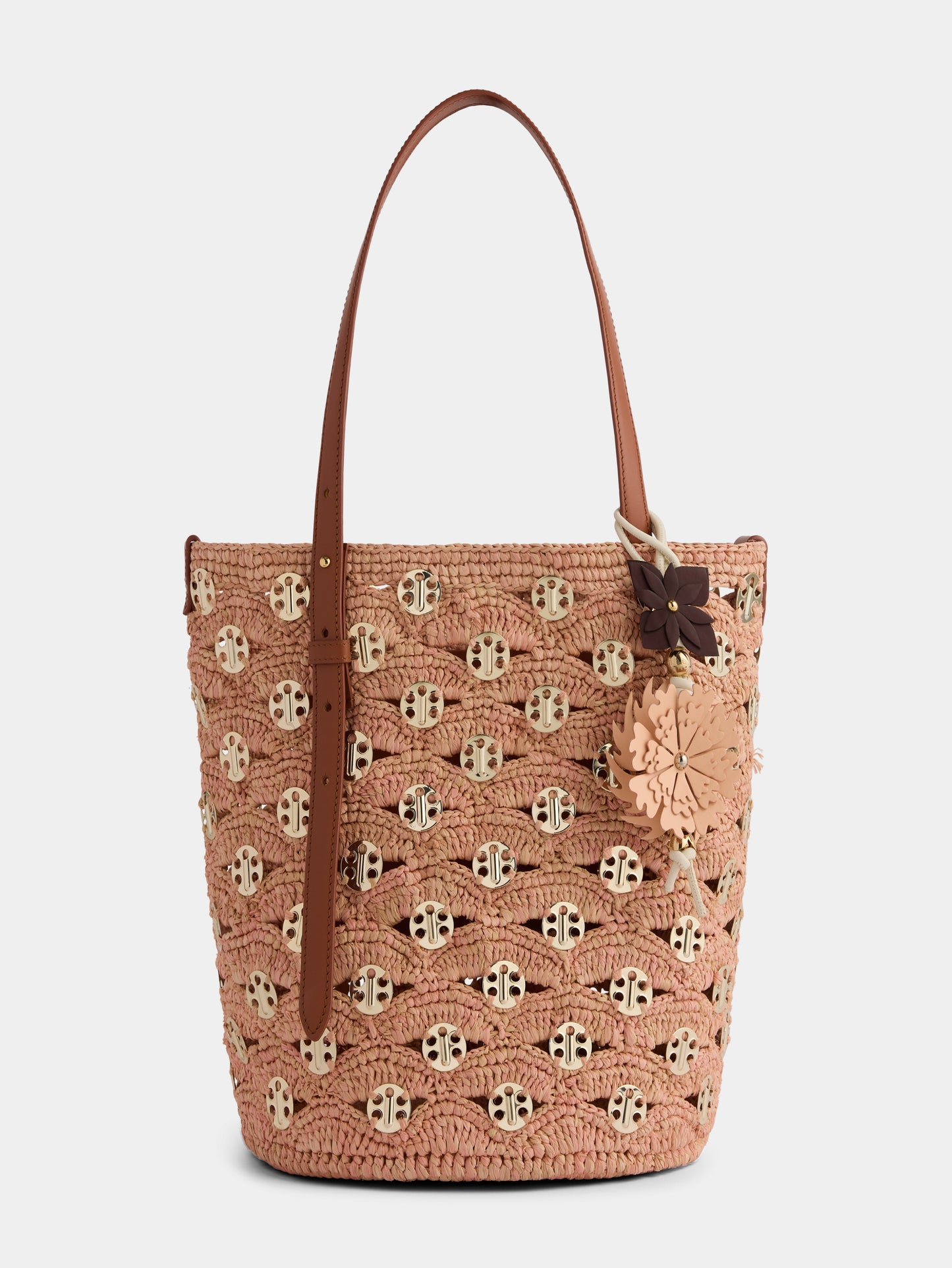 Grand sac seau en raphia naturel et pêche avec disques signature 1969 en métal doré
