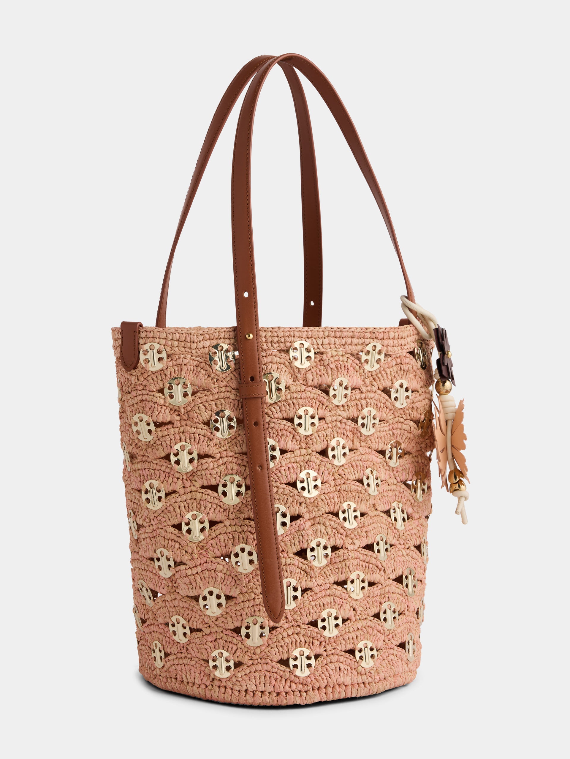 Grand sac seau en raphia naturel et pêche avec disques signature 1969 en métal doré