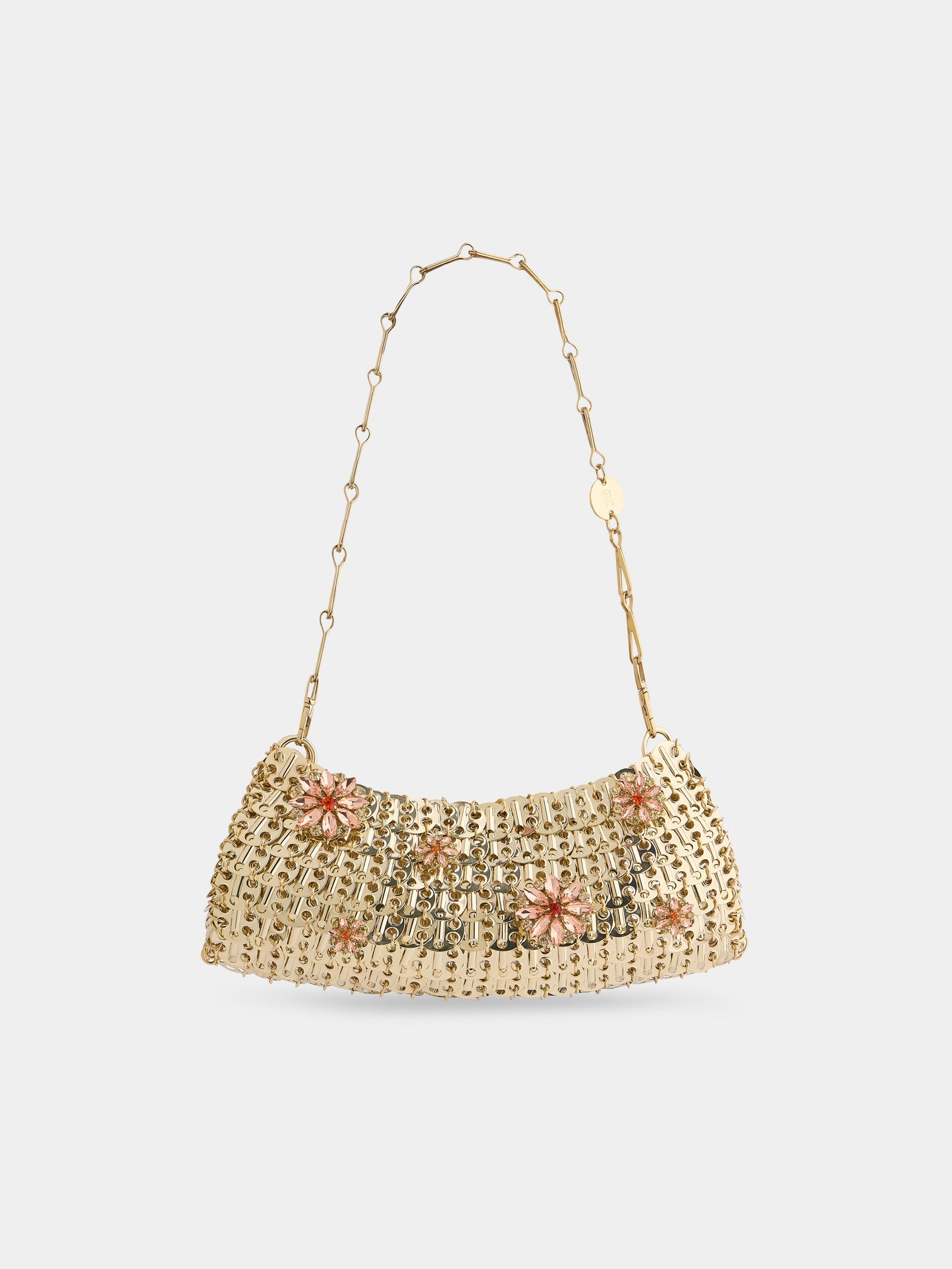 1969 Clutch en métal doré avec détails de fleurs en strass roses