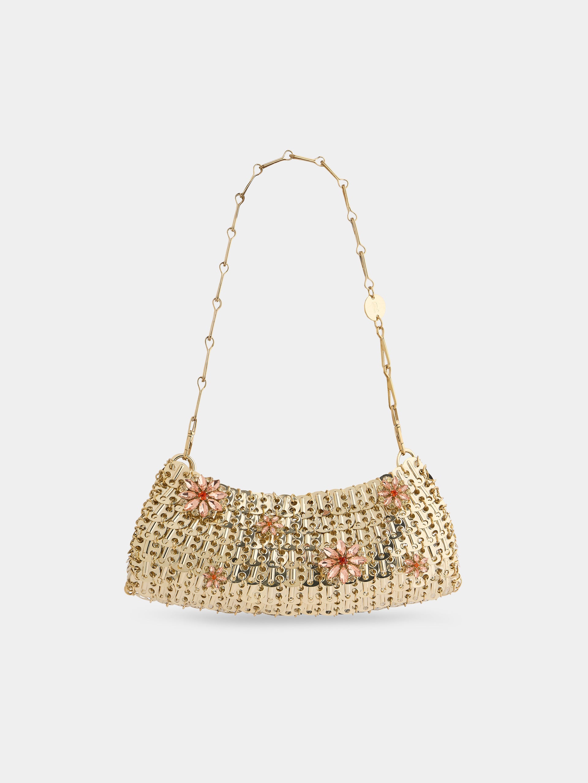 1969 Clutch en métal doré avec détails de fleurs en strass roses