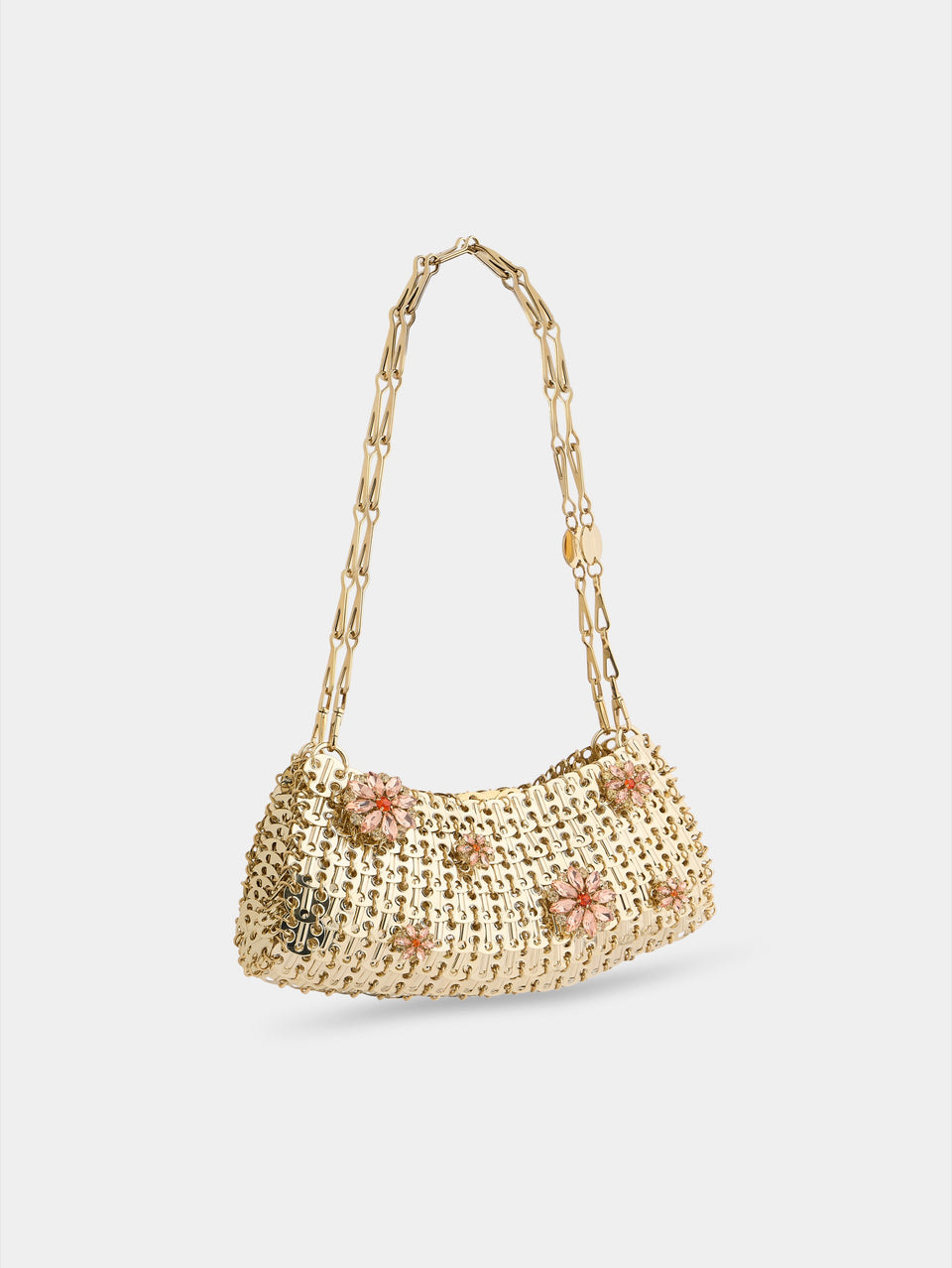 1969 Clutch en métal doré avec détails de fleurs en strass roses - Image 3