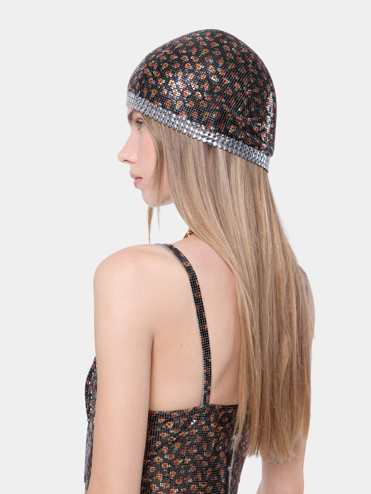 Black liberty print mesh beanie with silver embellishments - Image 2