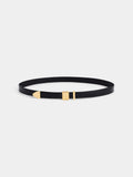Black leather belt with a rectangular gold buckle