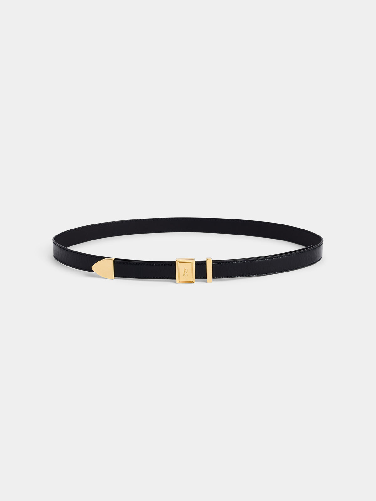 Black leather belt with a rectangular gold buckle - Image 1