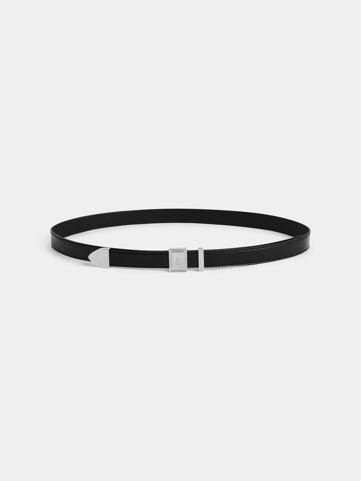 Ceinture en cuir noir avec boucle rectangulaire argentée