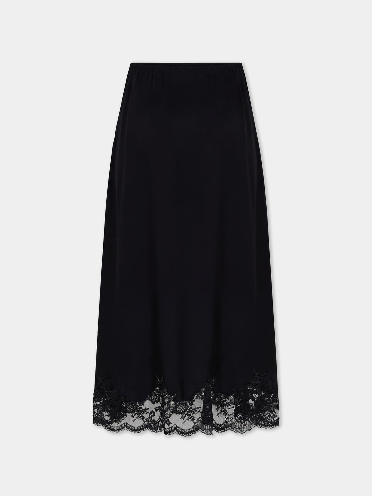 Jupe midi en satin de soie noir avec finition en dentelle