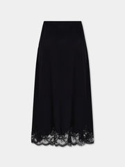 Midi skirt in black silk satin with lace trim