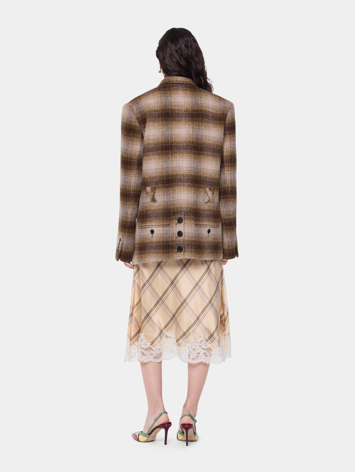 Manteau court structuré en laine tartan marron