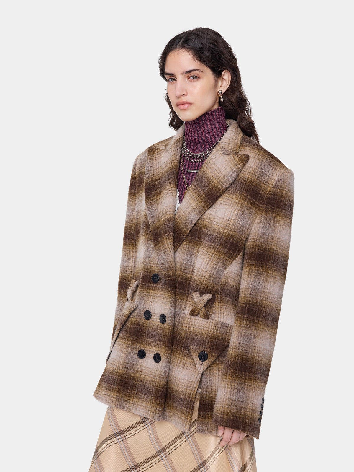 Manteau court structuré en laine tartan marron