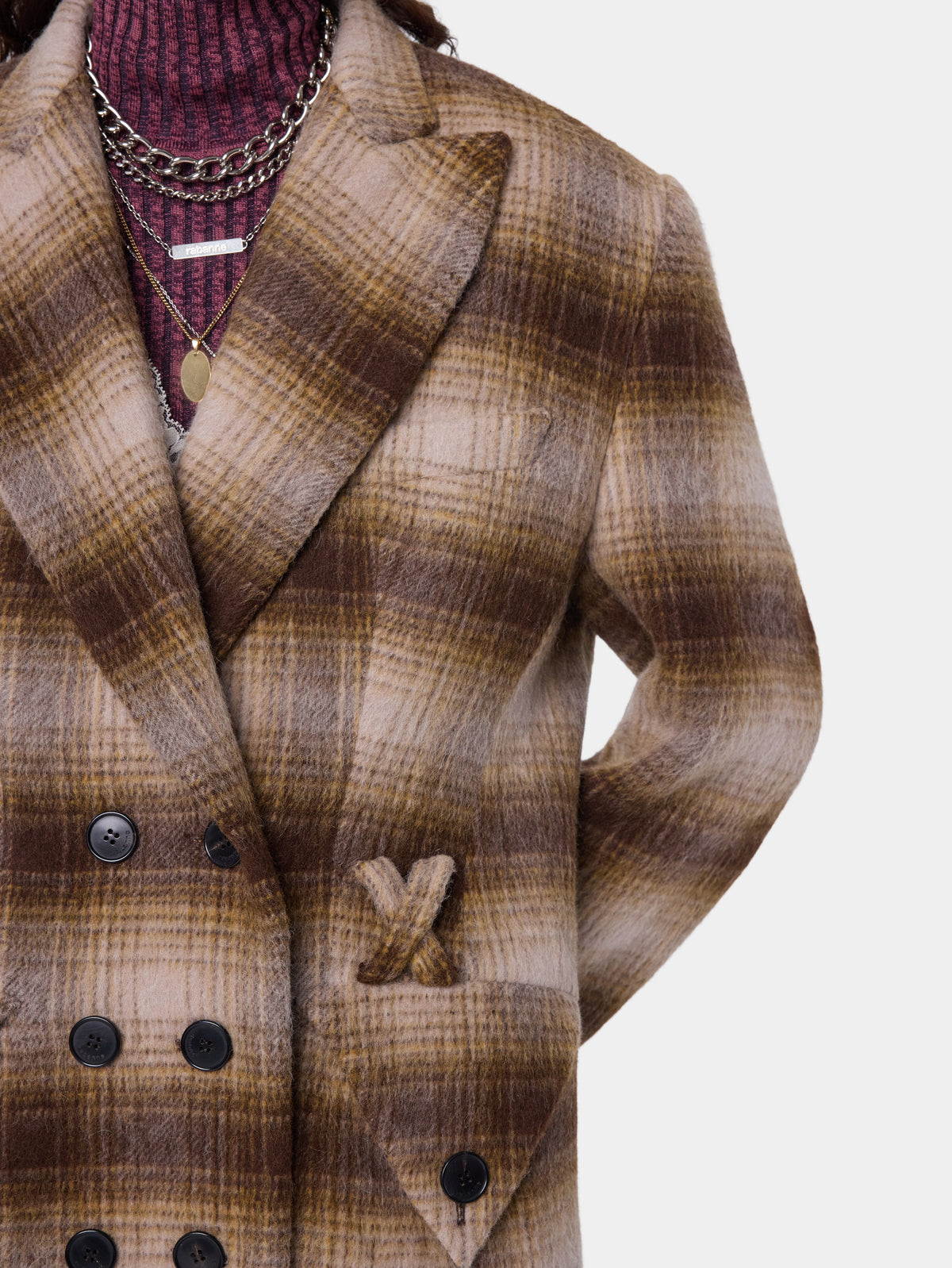 Manteau court structuré en laine tartan marron