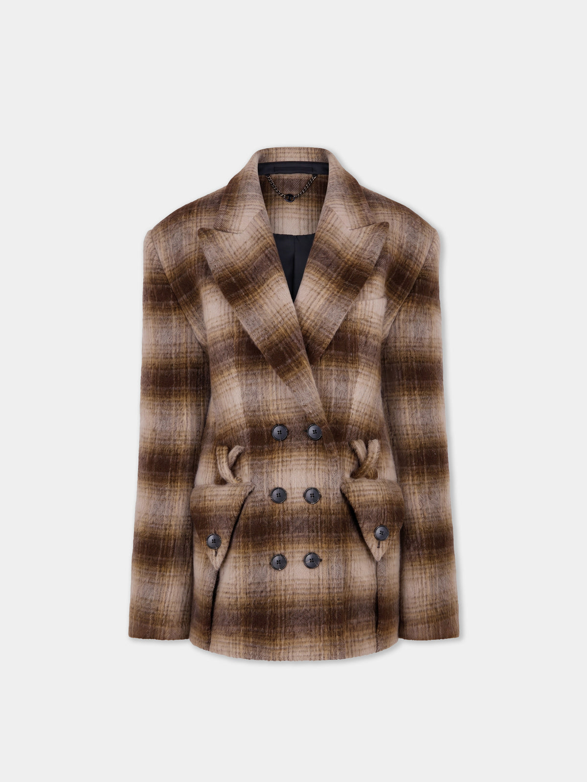 Short structured coat in brown tartan wool - Image 1