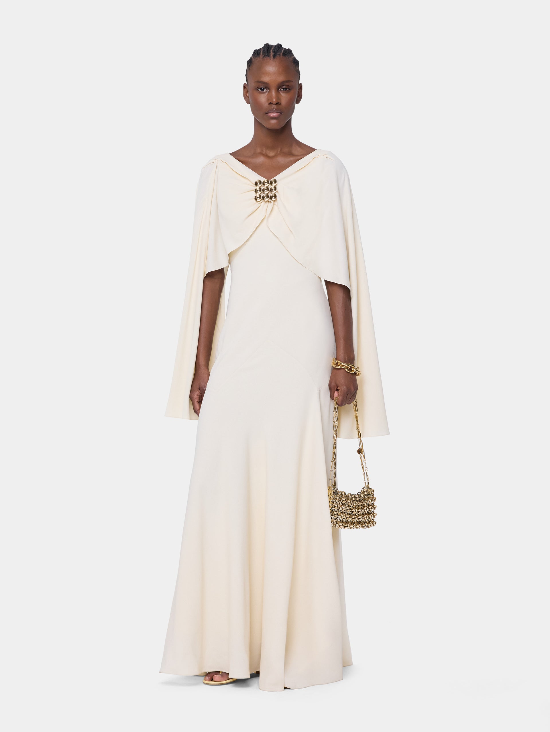 Robe longue crème Dinh Van x Rabanne avec ornements bijou argentés