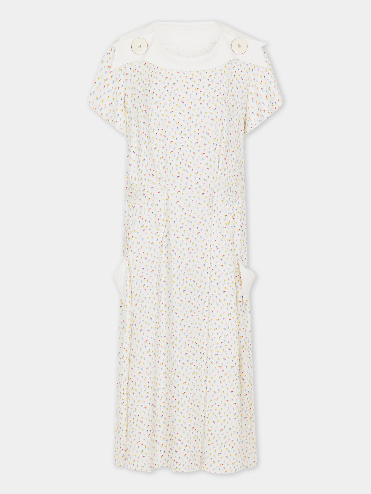 Robe midi en crêpe de coton imprimé floral blanc avec encolure bateau