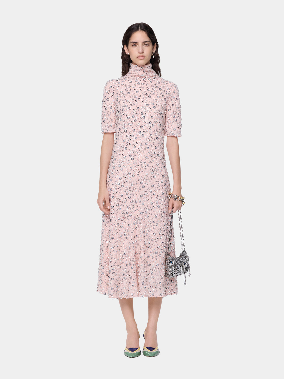 Robe midi avec broderie florale en sequins argentés