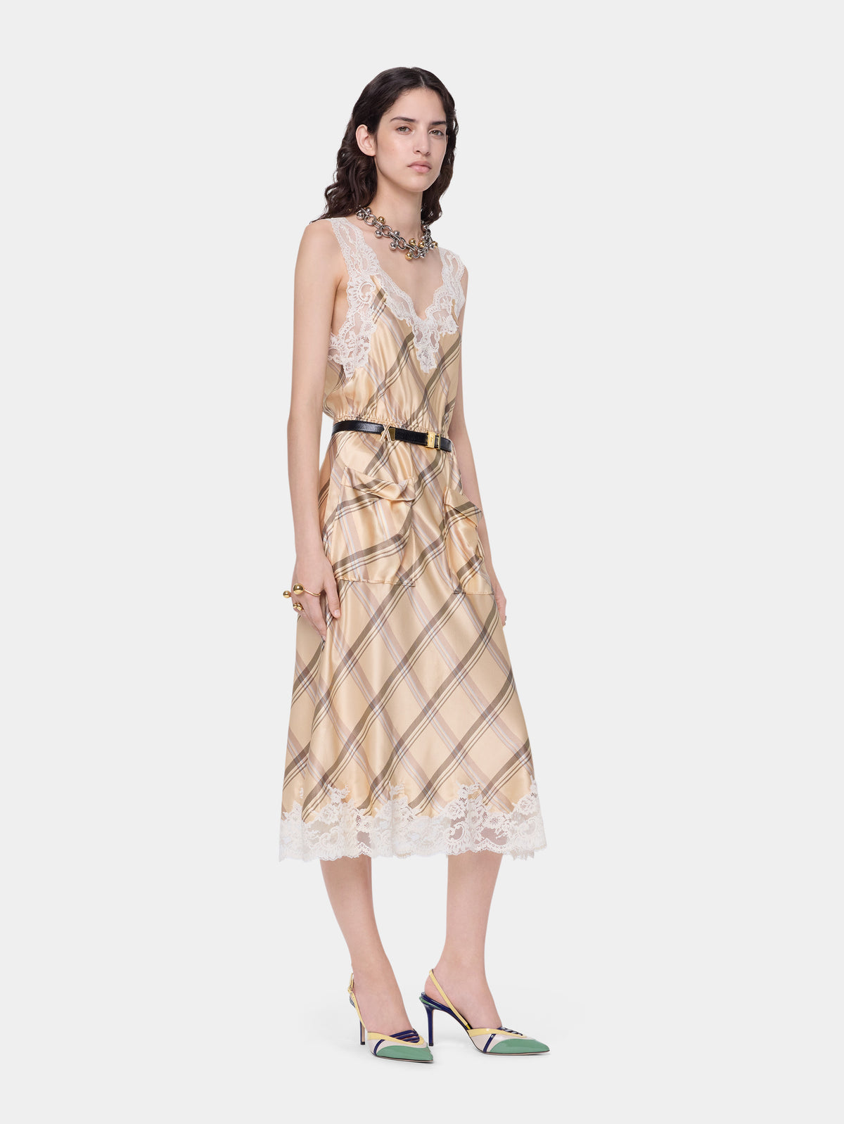 Midi dress in beige tartan print silk satin with lace detailing - Image 2