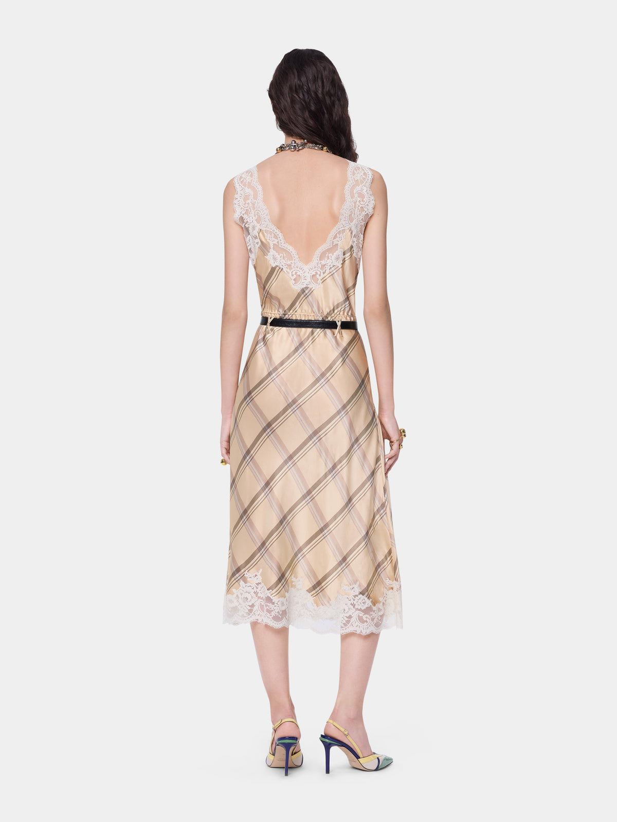 Midi dress in beige tartan print silk satin with lace detailing - Image 3