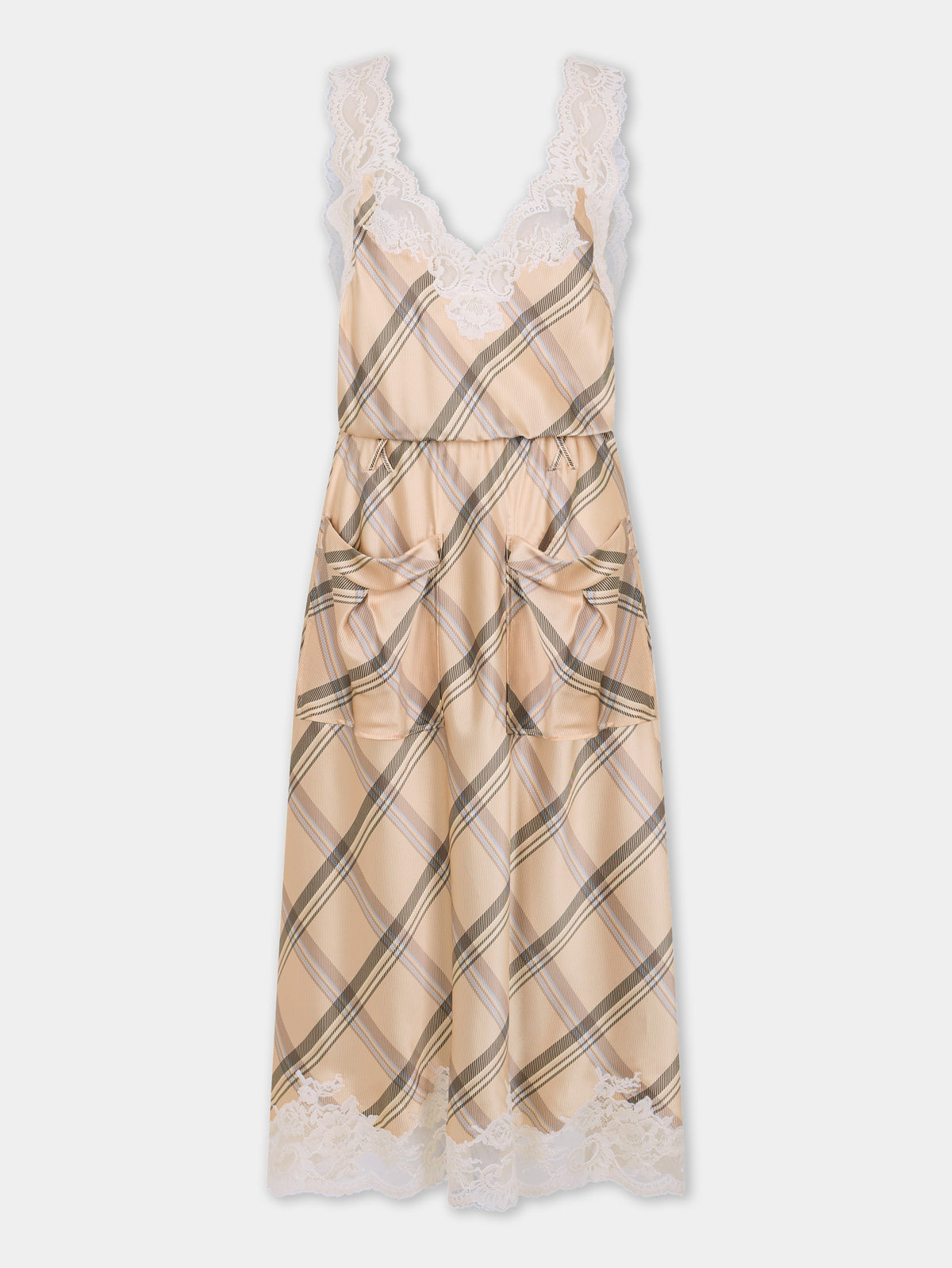 Midi dress in beige tartan print silk satin with lace detailing - Image 1