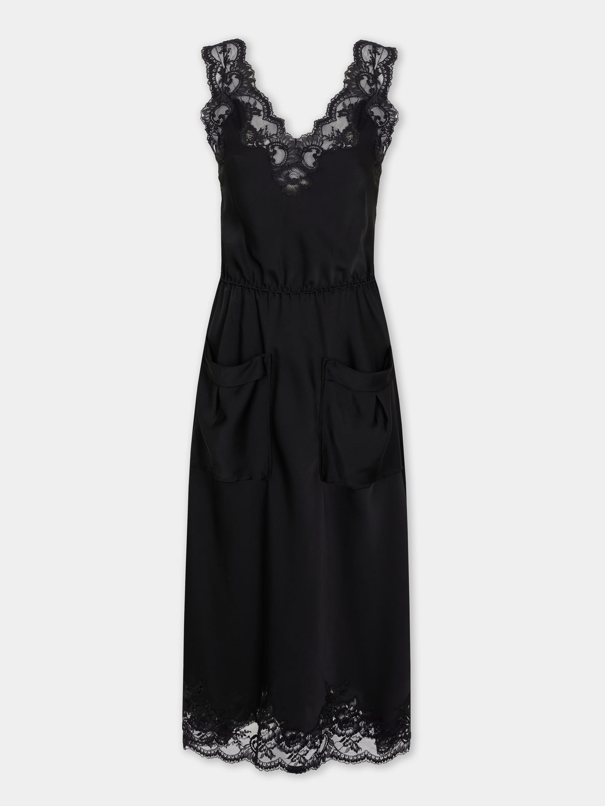 Midi dress in black silk satin with lace detailing - Image 1