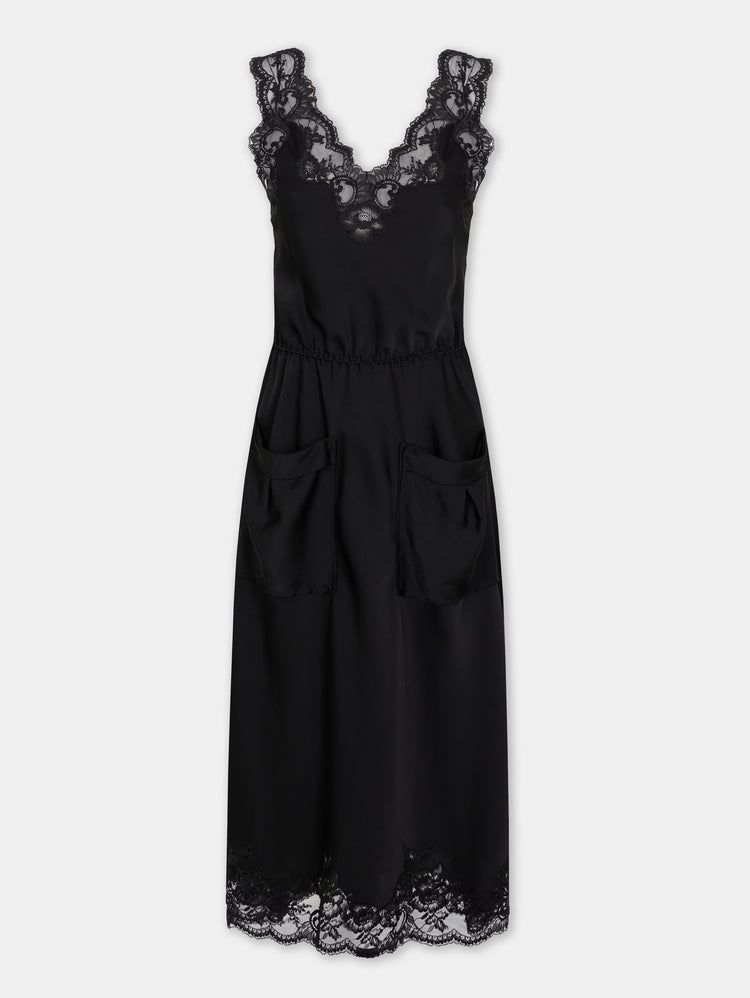Midi dress in black silk satin with lace detailing