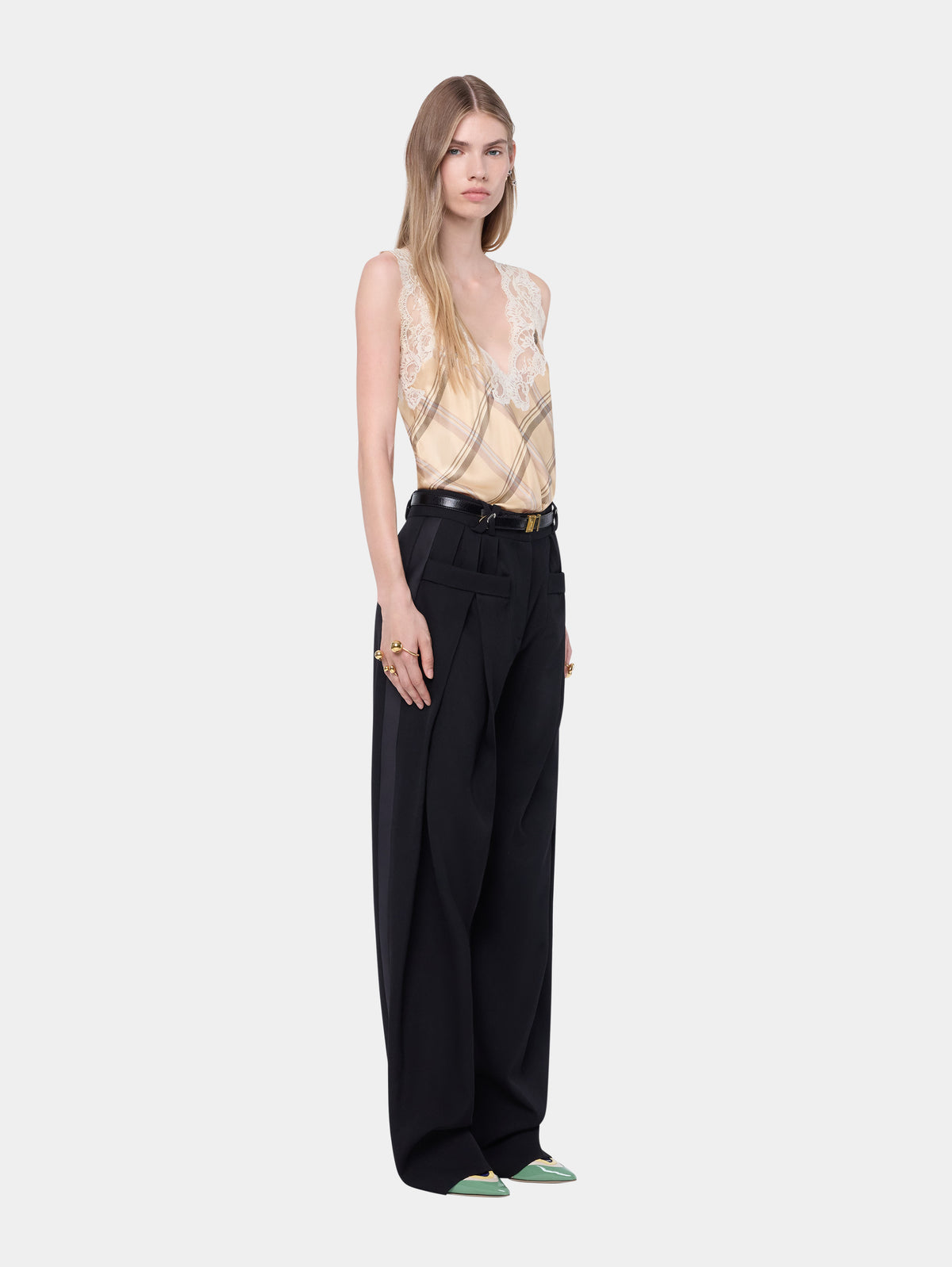 Beige tartan print silk tank top with lace detailing - Image 3