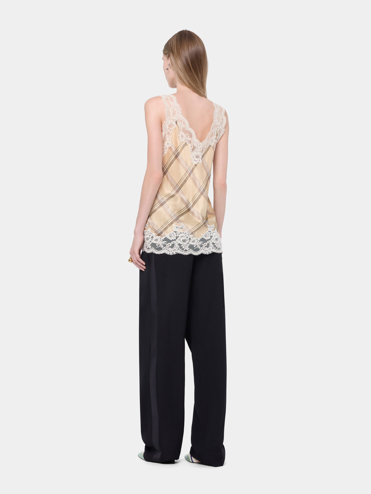 Beige tartan print silk tank top with lace detailing