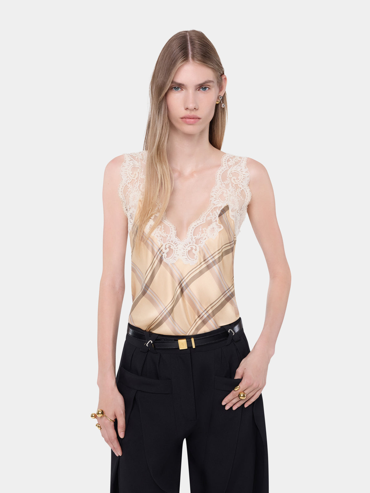 Beige tartan print silk tank top with lace detailing