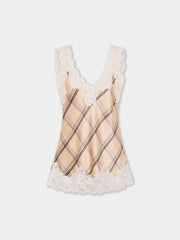 Débardeur en soie imprimé tartan beige avec détails en dentelle