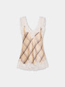 Beige tartan print silk tank top with lace detailing
