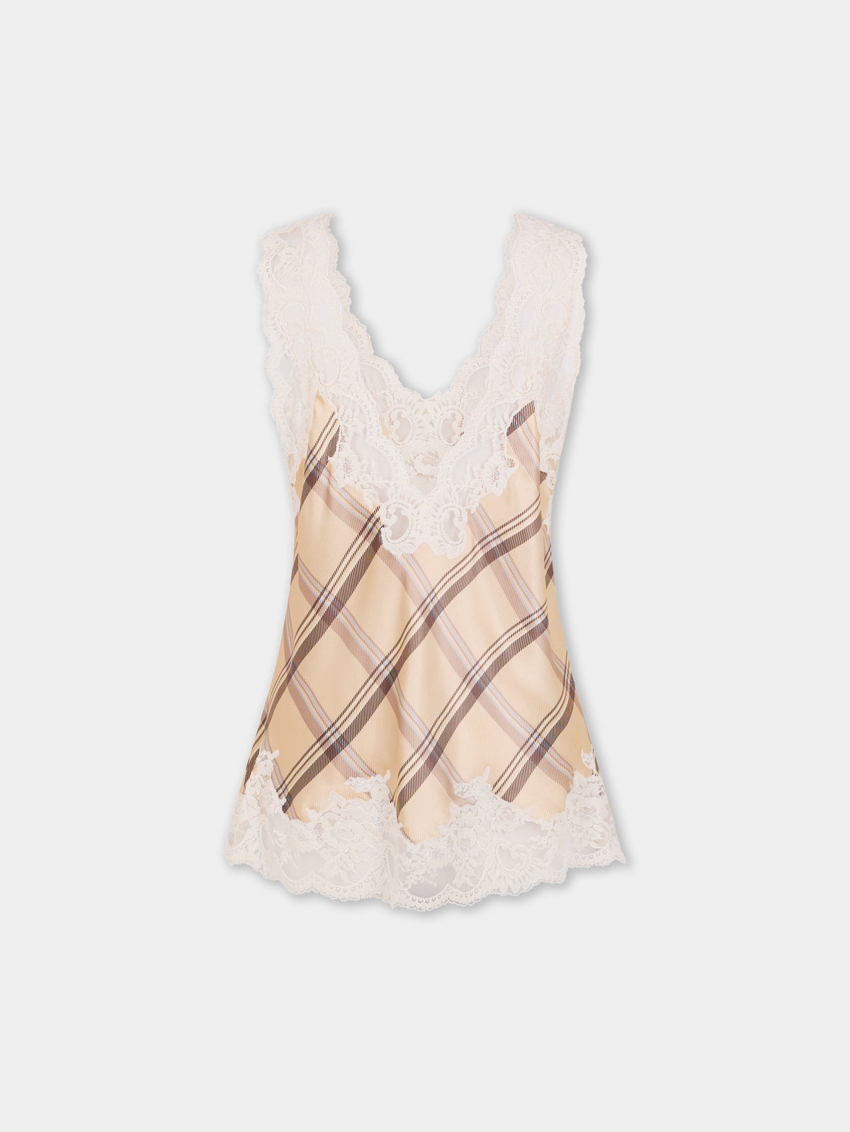 Beige tartan print silk tank top with lace detailing