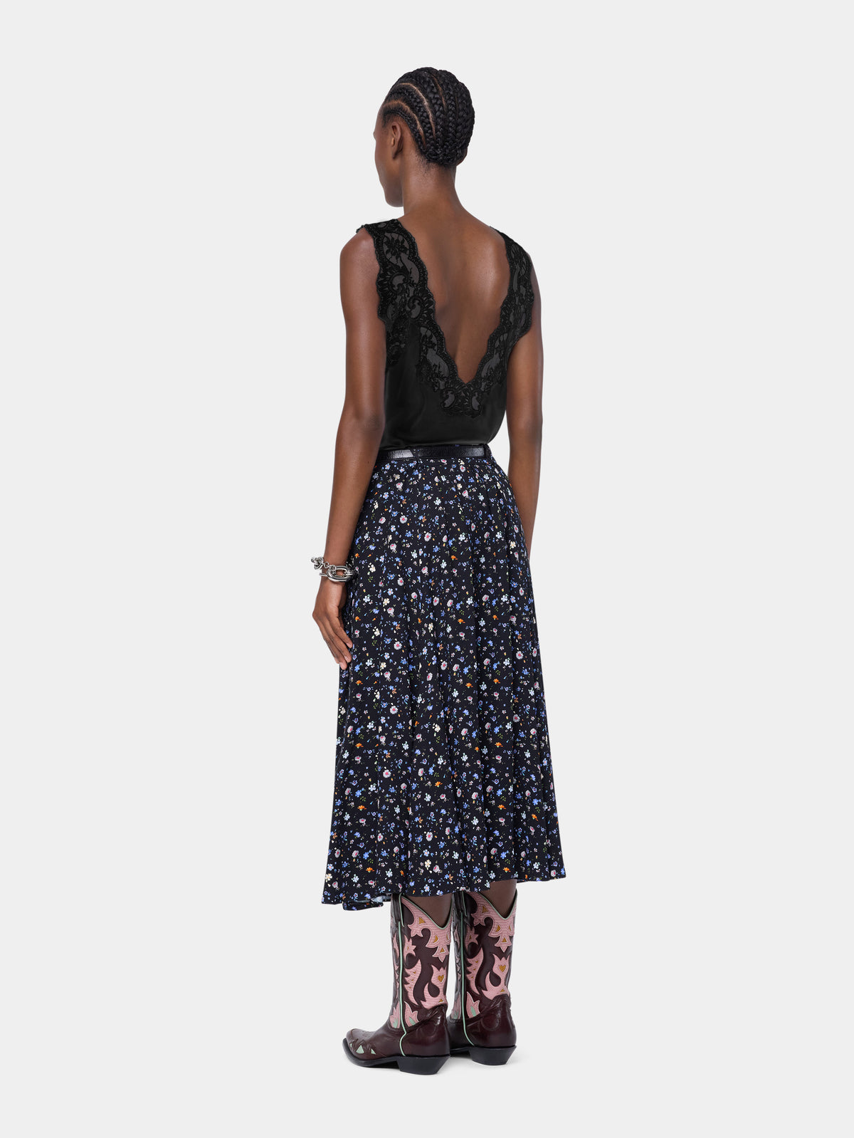 Black silk tank top with lace detailing