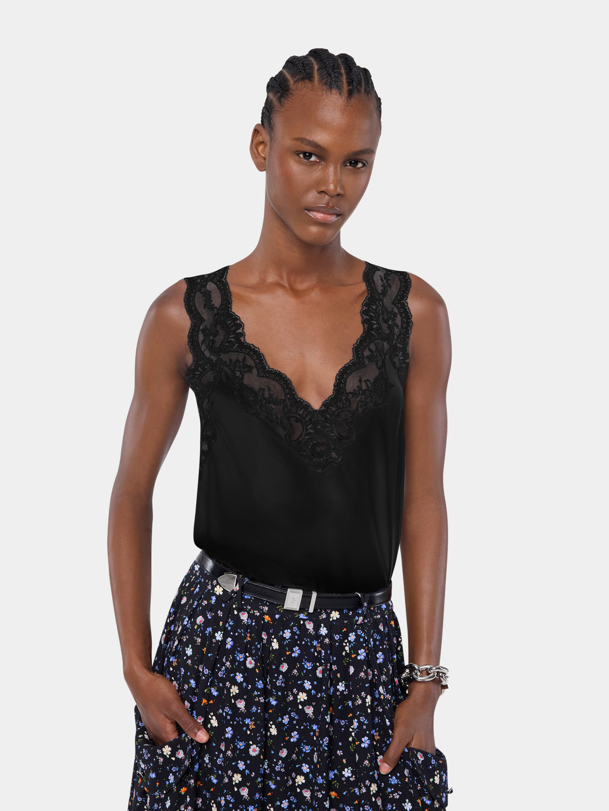 Black silk tank top with lace detailing