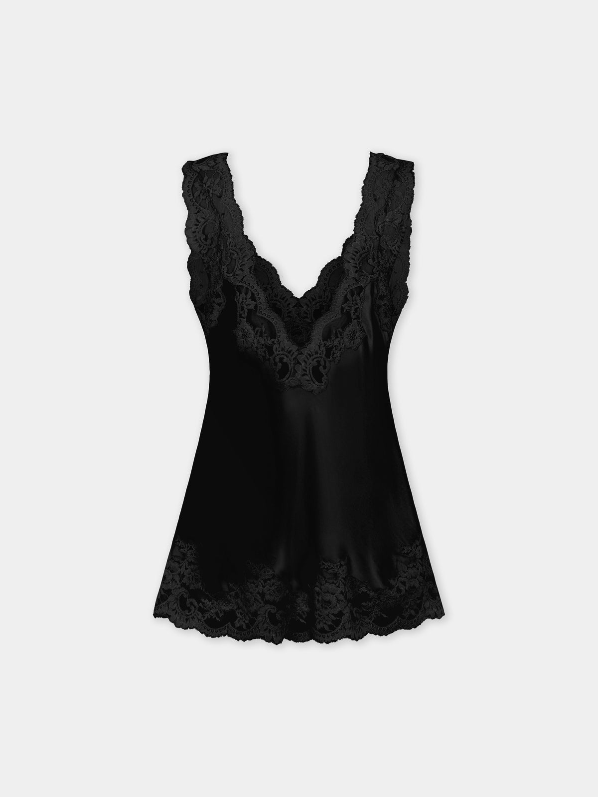 Black silk tank top with lace detailing