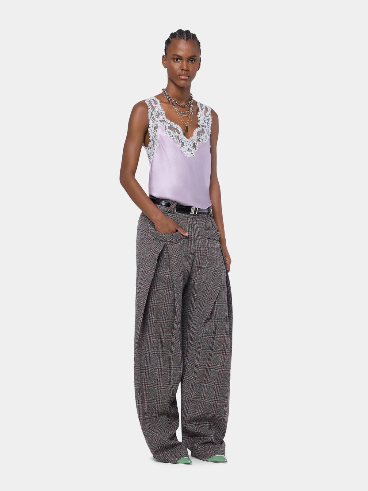 Lilac silk tank top with lace detailing - Image 2