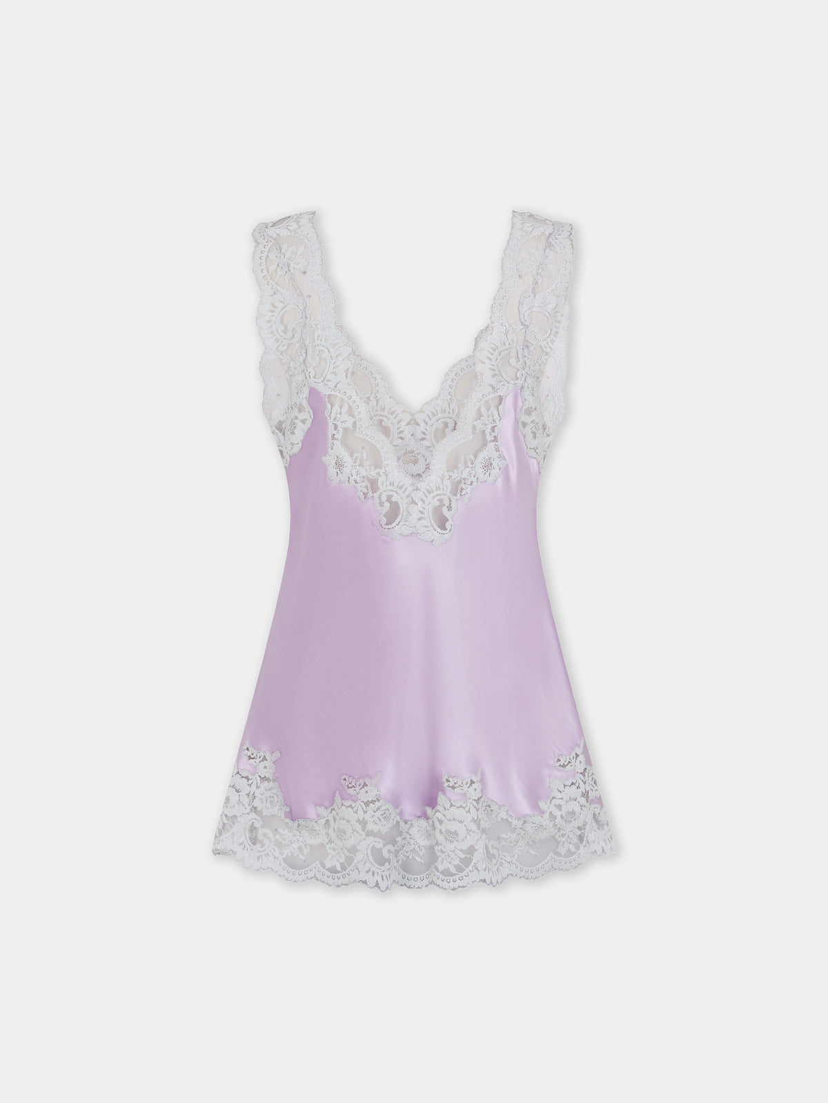 Lilac silk tank top with lace detailing