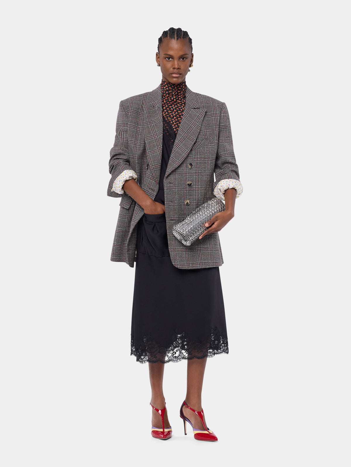Tailored blazer jacket in grey tartan wool