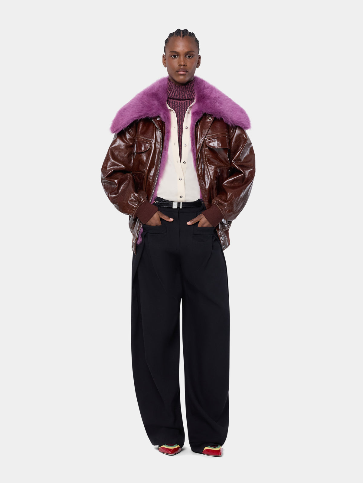 Oversized brown crackled leather bomber jacket with removable shearling collar - Image 2