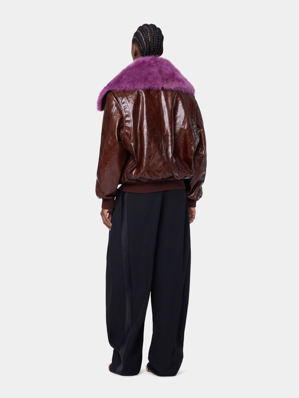 Oversized brown crackled leather bomber jacket with removable shearling collar