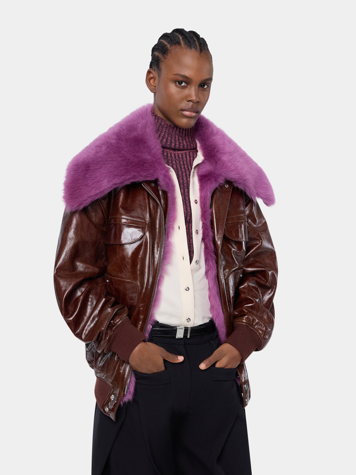 Oversized brown crackled leather bomber jacket with removable shearling collar