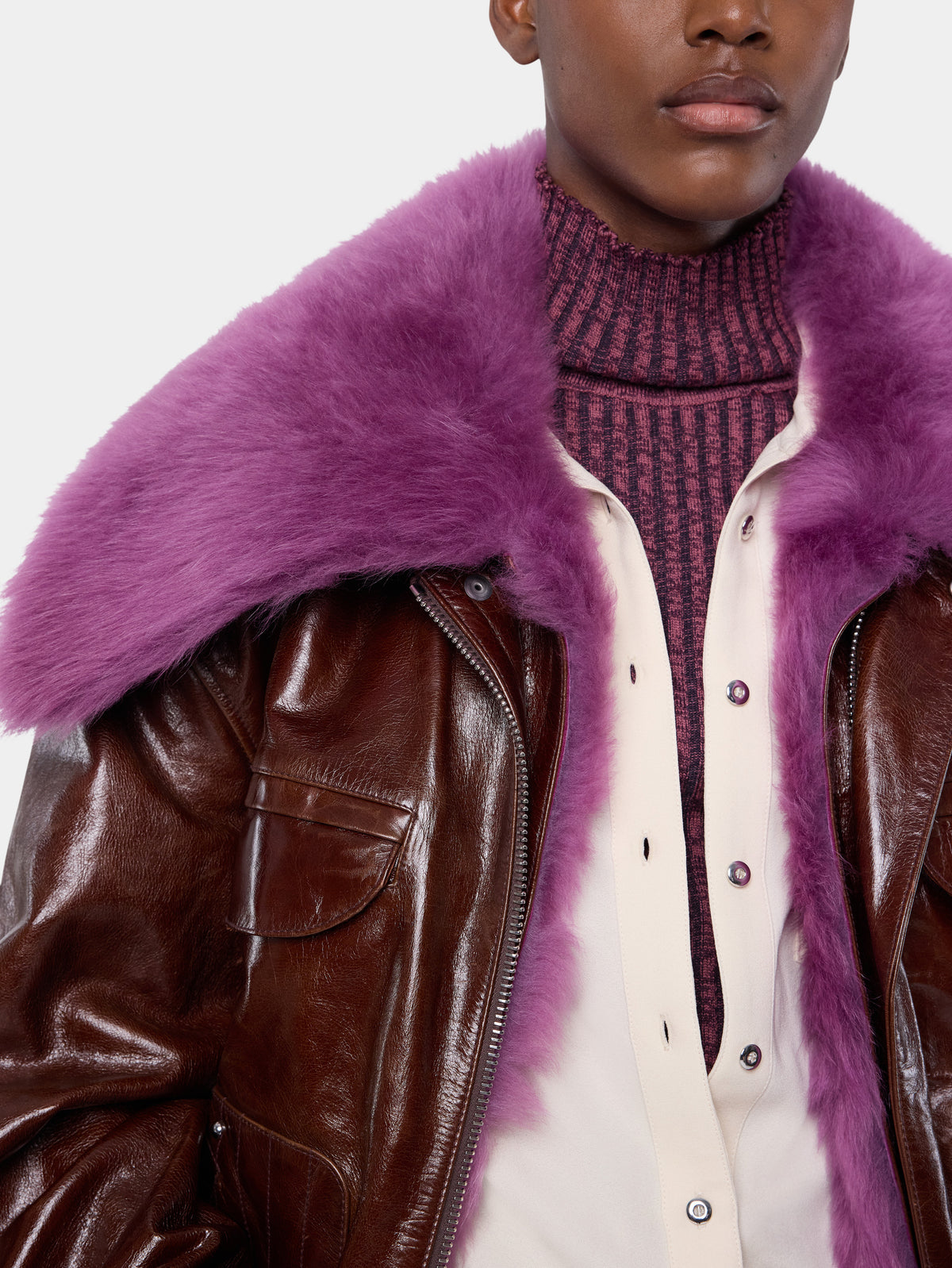Oversized brown crackled leather bomber jacket with removable shearling collar