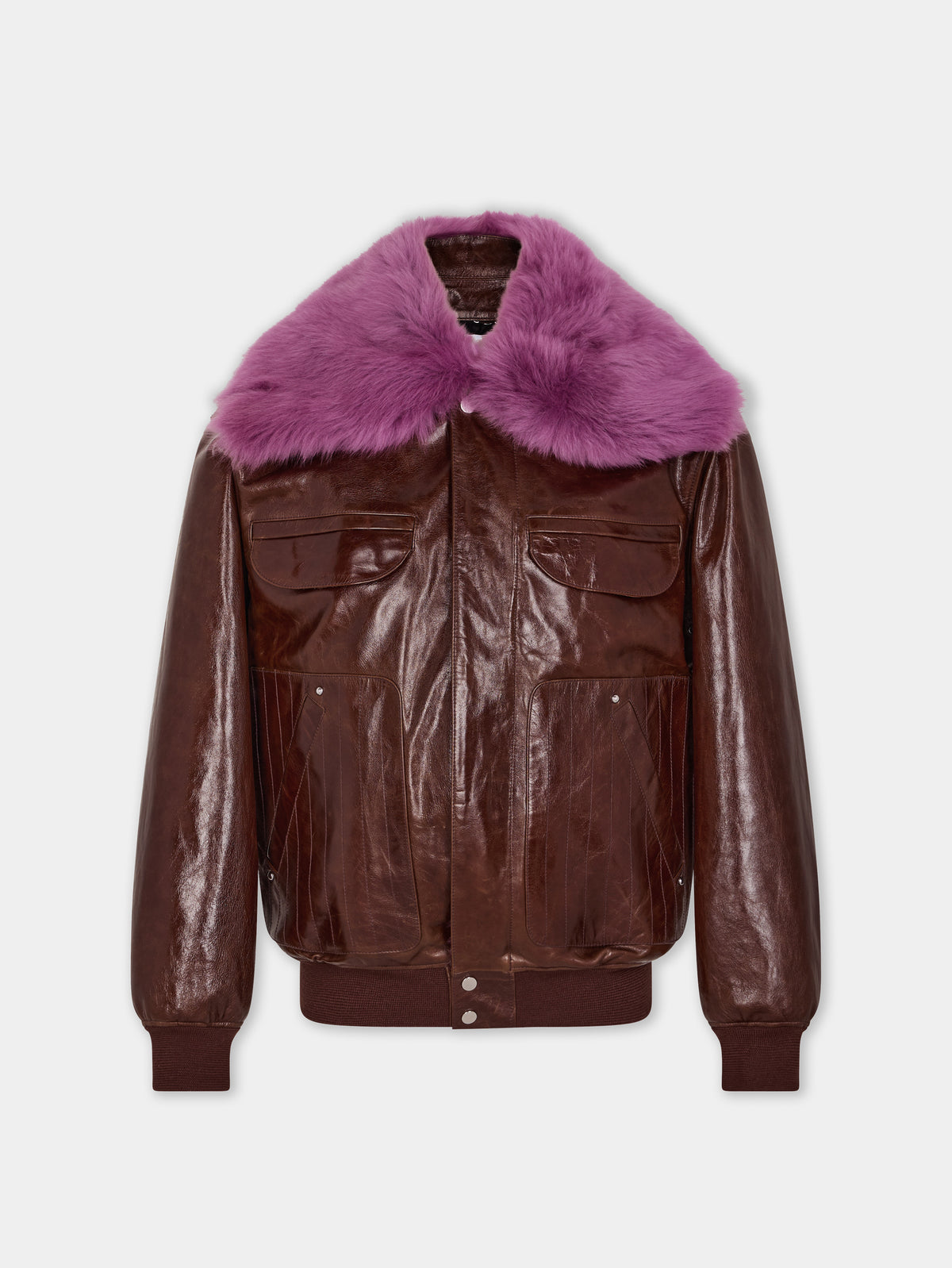 Oversized brown crackled leather bomber jacket with removable shearling collar