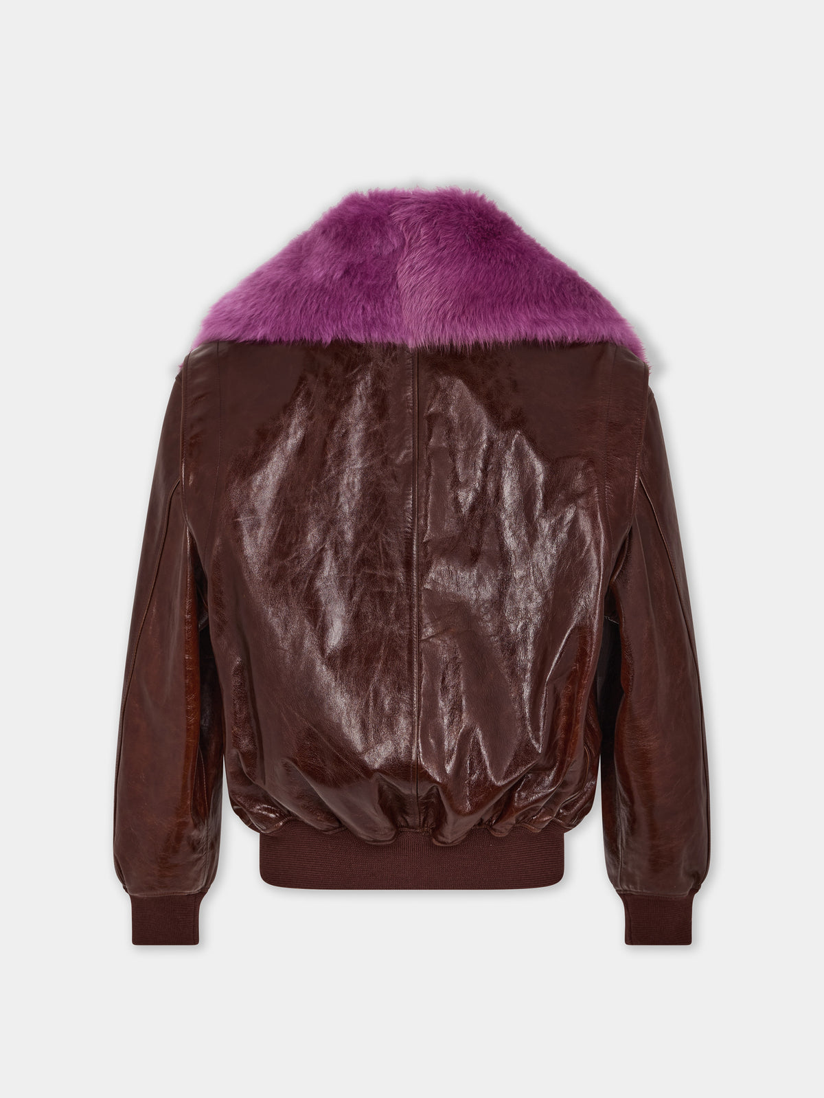 Oversized brown crackled leather bomber jacket with removable shearling collar