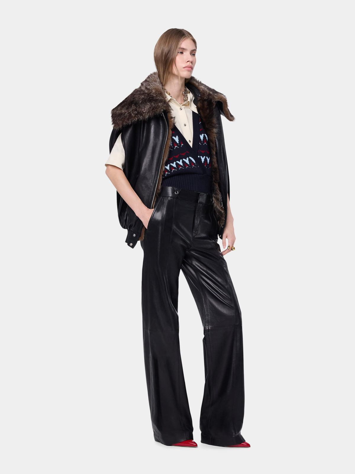 Black lambskin leather cape jacket with removable shearling collar - Image 3