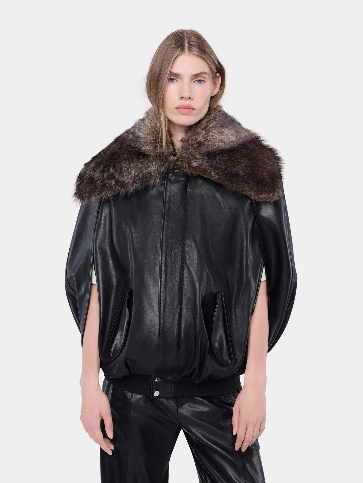 Black lambskin leather cape jacket with removable shearling collar