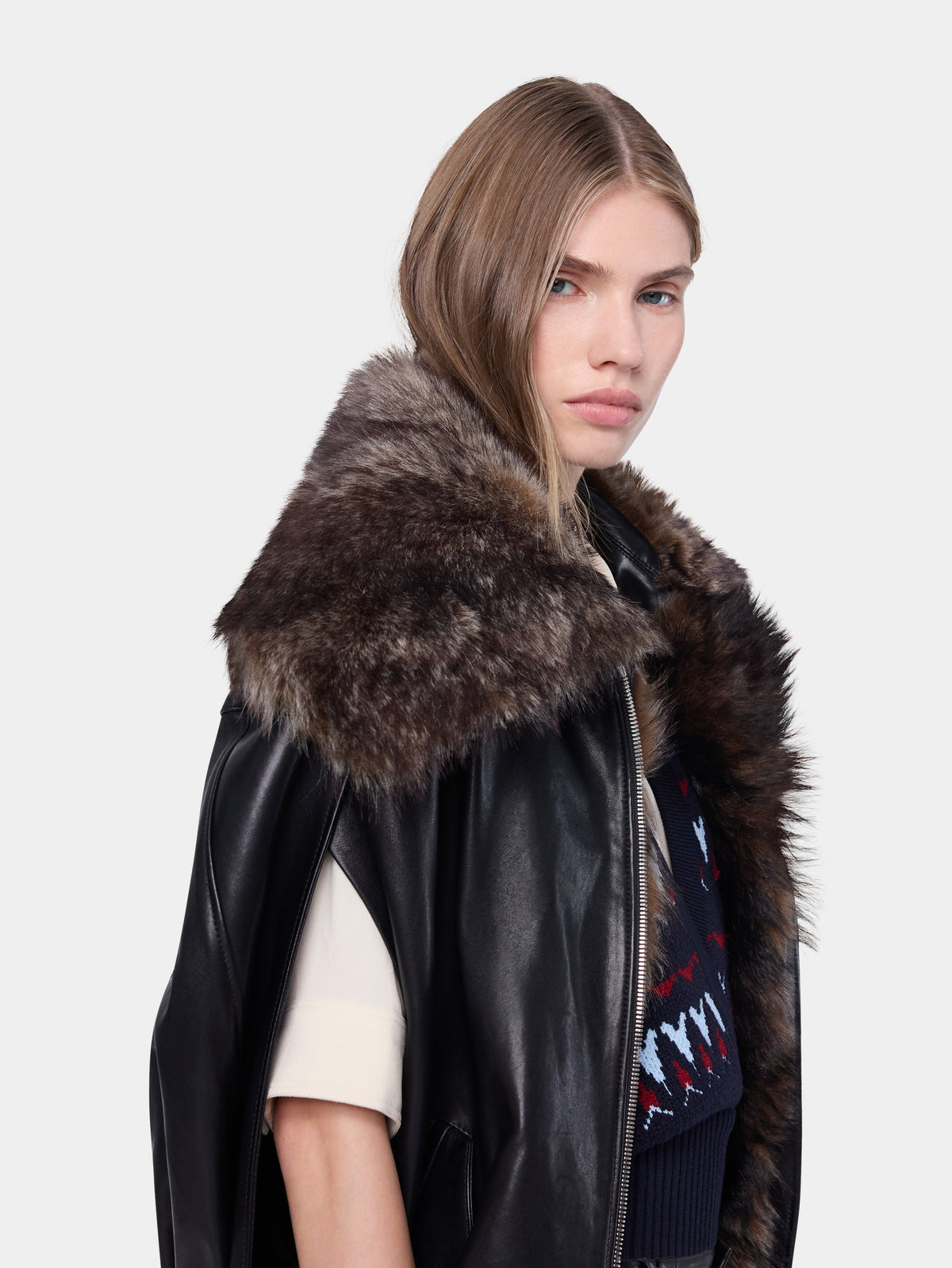 Black lambskin leather cape jacket with removable shearling collar